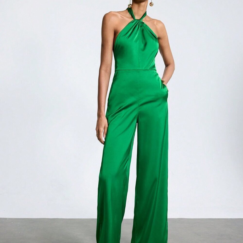 Green Elegant Women's Solid Color Halter Neck Strap Backless Jumpsuit - Picture 4 of 7